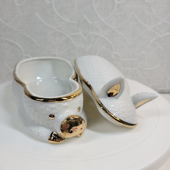 Bone China Porcelain Pig Hinged Trinket Jewelry Box w/ 18k Gold Accent - Picture 3 of 16